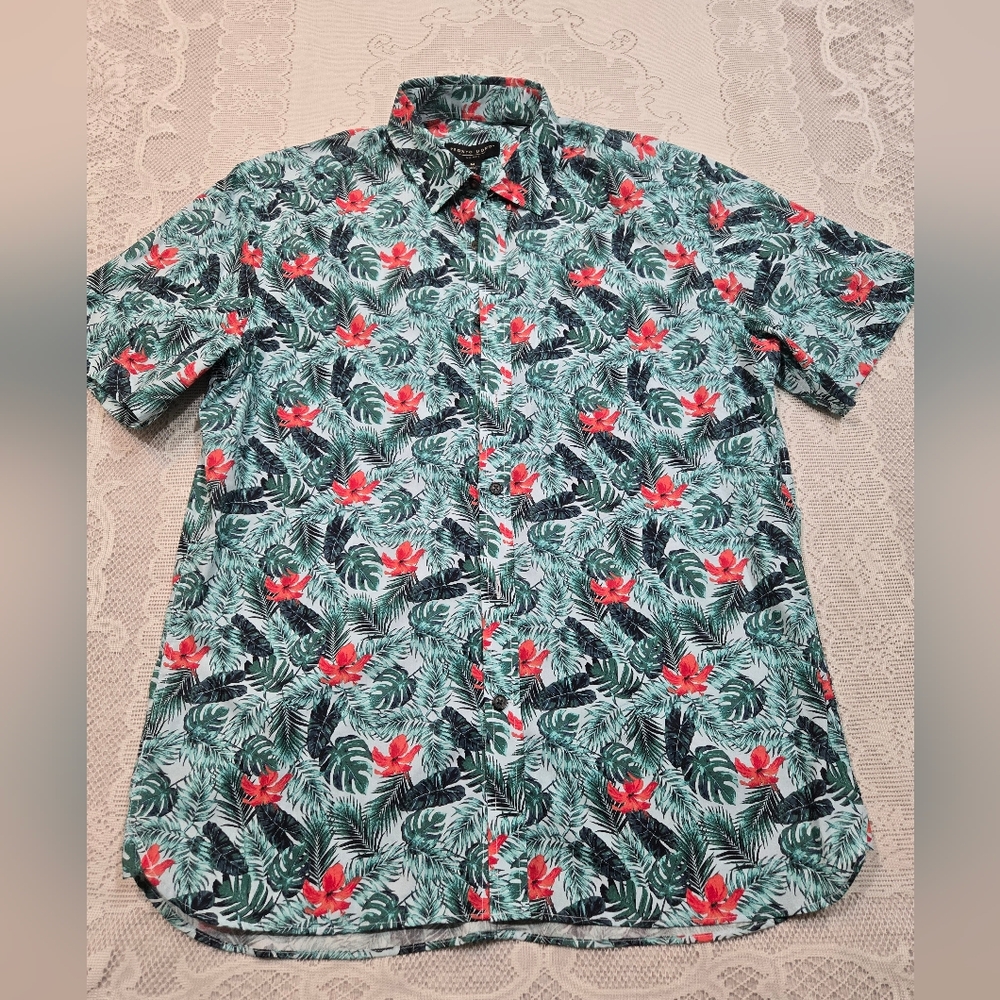 Pronto Uomo Green and Red Hawaian Floral Casual Shirt Sz Medium 100% Cotton